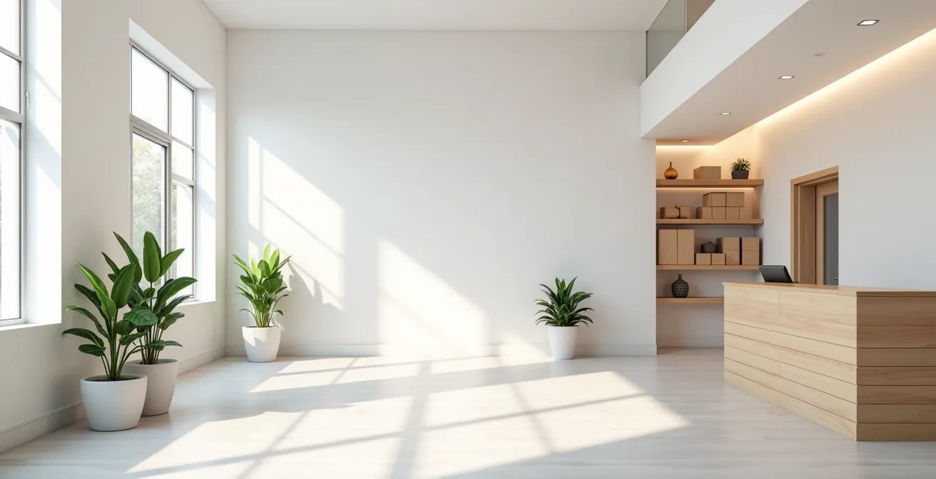 Espace de retrait moderne et épuré dans une imprimerie avec lumière naturelle