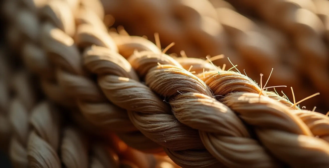 Détail macro de fibres entrelacées symbolisant la résilience d'un réseau