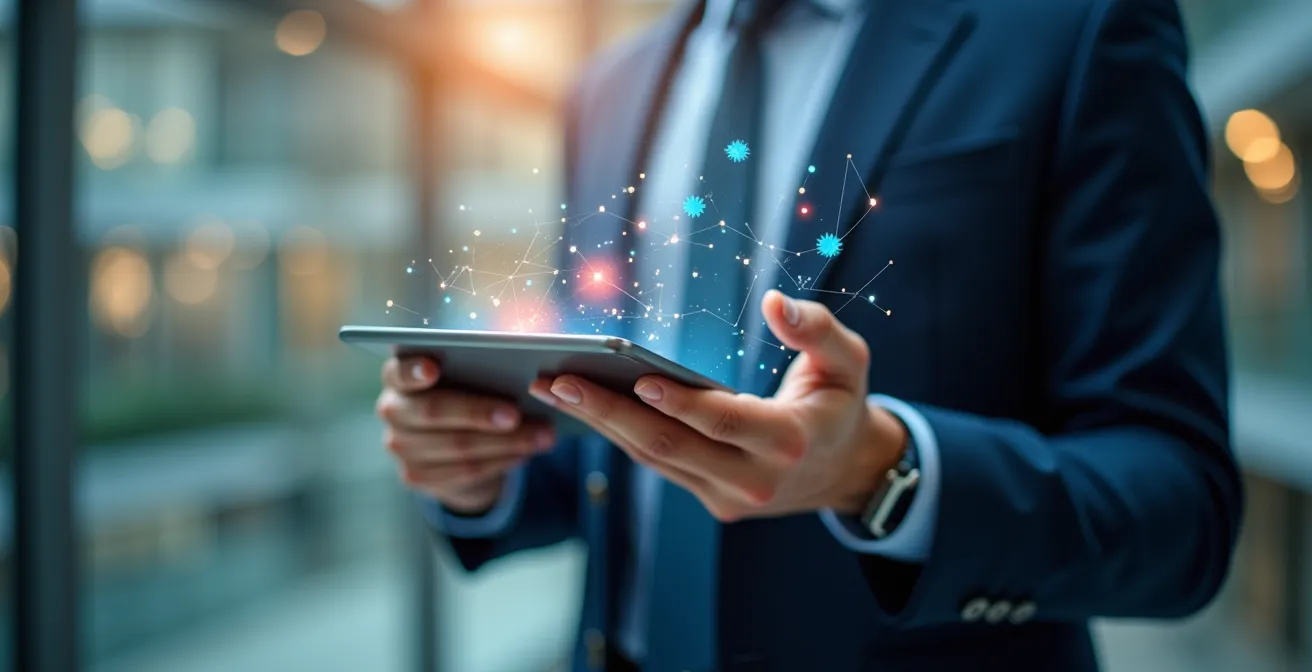 Main tenant une tablette avec des graphiques holographiques flottants symbolisant l'intégration du workflow marketing